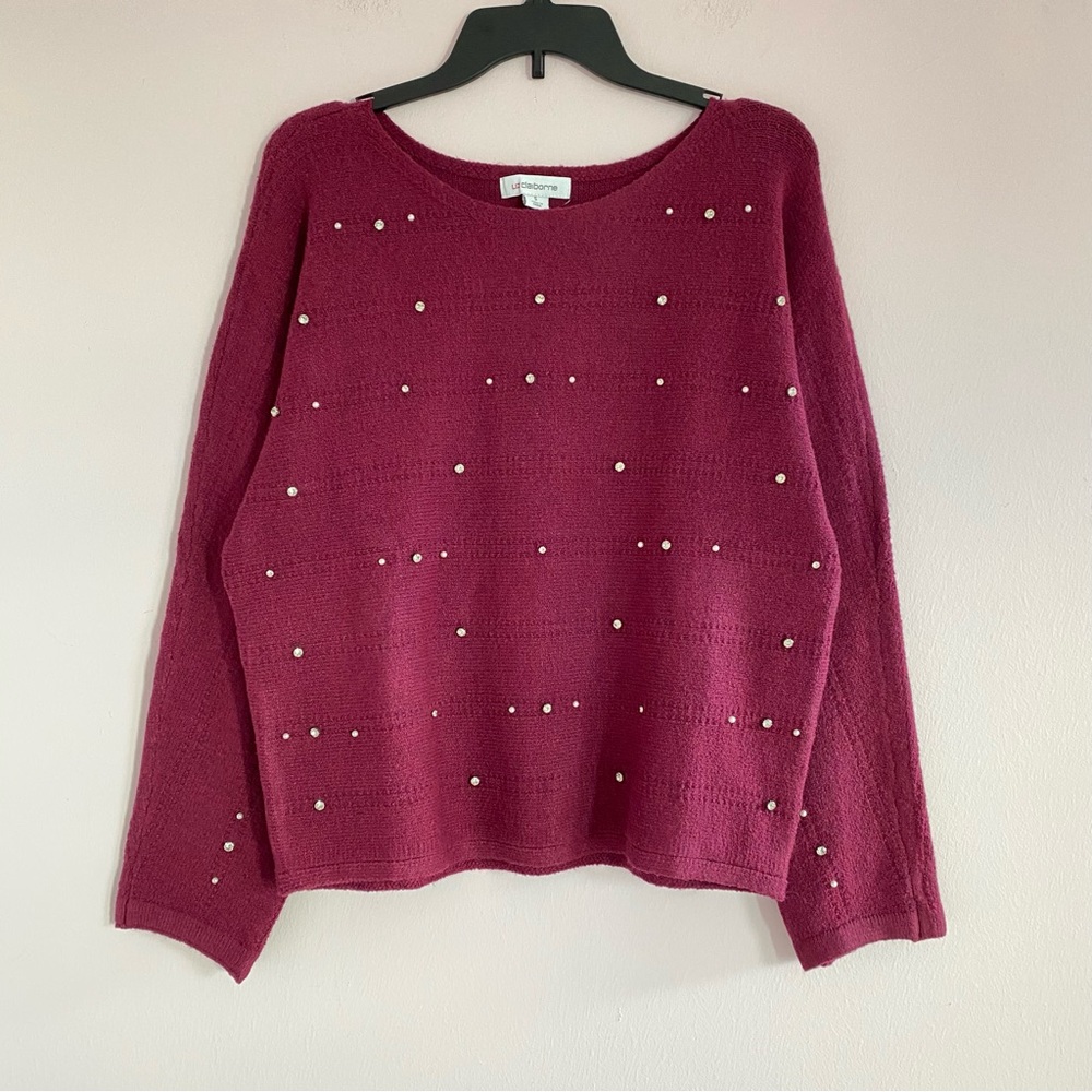 NEW Liz Claiborne Magenta Embellished Jewel Pearl Accent Sweater size small